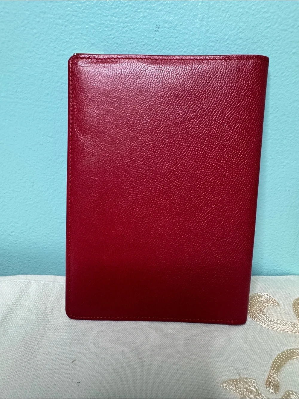 Yves Saint Laurent Red Leather Travel Cover with Gold Corner Accents